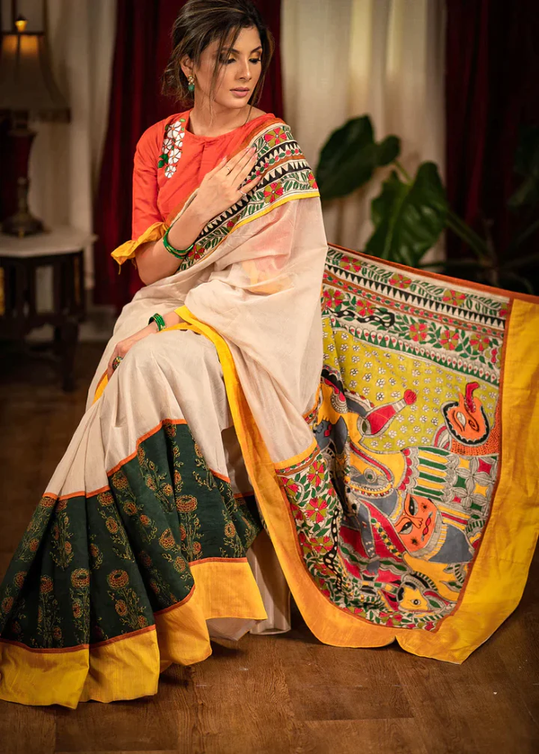 Exclusive Kalamkari Yellow Color Digital Printed Cotton Linen Saree