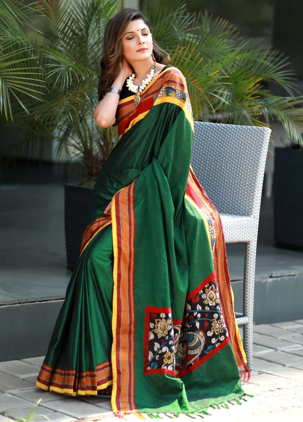Exclusive Green Color Kalamkari Color Pure Mulmul Cotton Digital Printed Saree