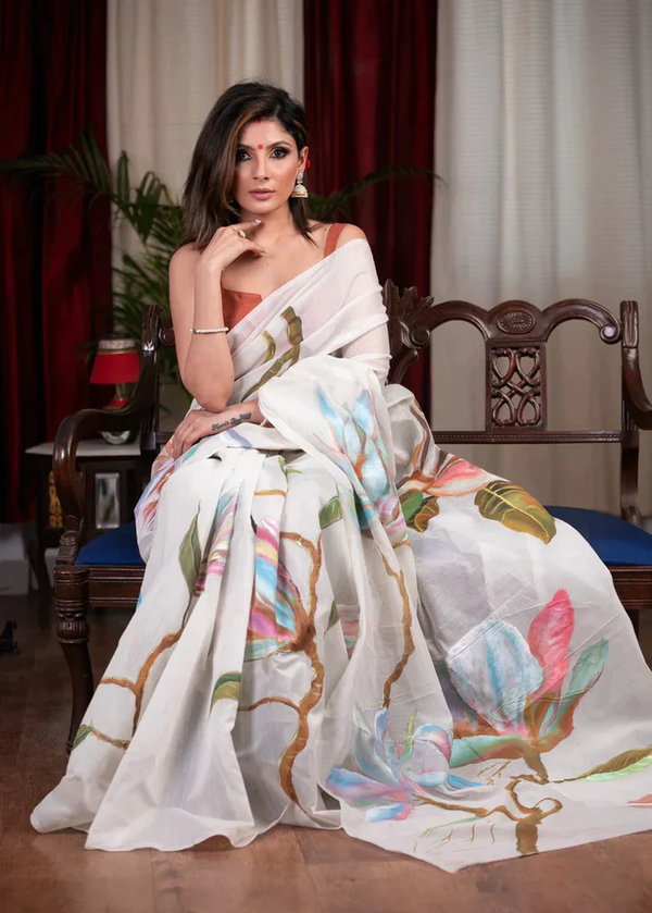 Exclusive White With Floral Digital Printed Cotton Linen Sarees