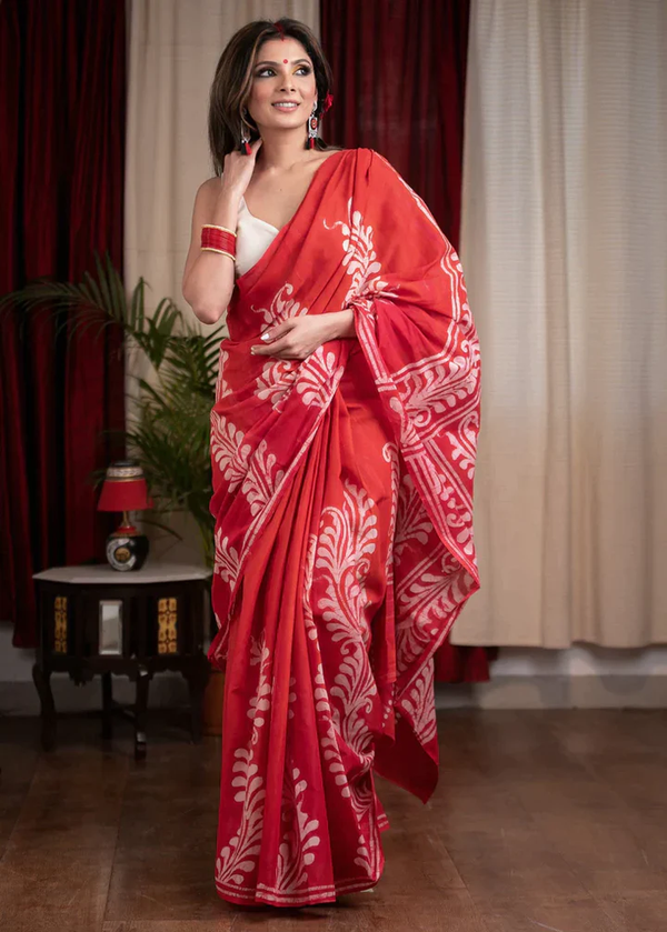 Lovely Elegance Exclusive Red Digital Printed Cotton Linen Sarees