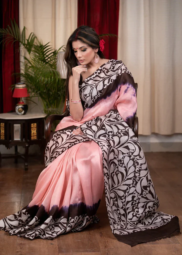 Fabulous Peach Color Kalamkari Printed Cotton Linen Saree