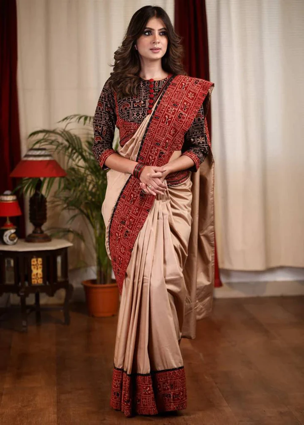 Fablous Beige Color Kalamkari Digital Printed Cotton Linen Saree