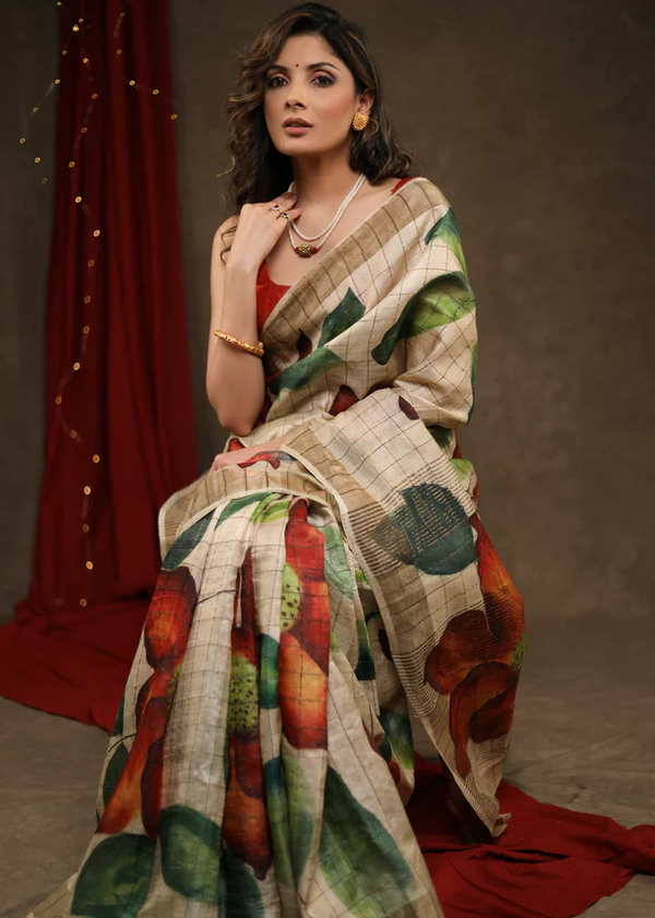 Brown Flower Design Awesome Printed Cotton Mulmul Saree