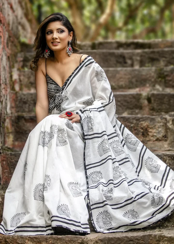 Black And White Color Kalamkari Digital Printed Linen Saree