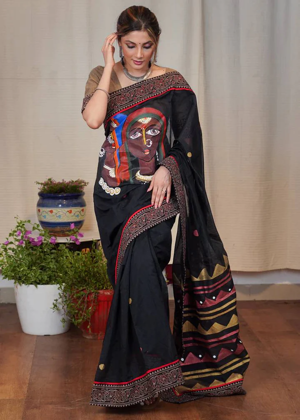 Traditional Black Color Kalamkari Printed Cotton Linen Saree