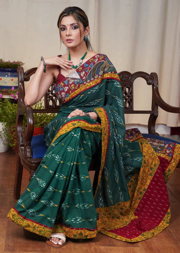 Elegant Green Ikat Linen Cotton Saree With Exclusve Printed Kalamkari Border