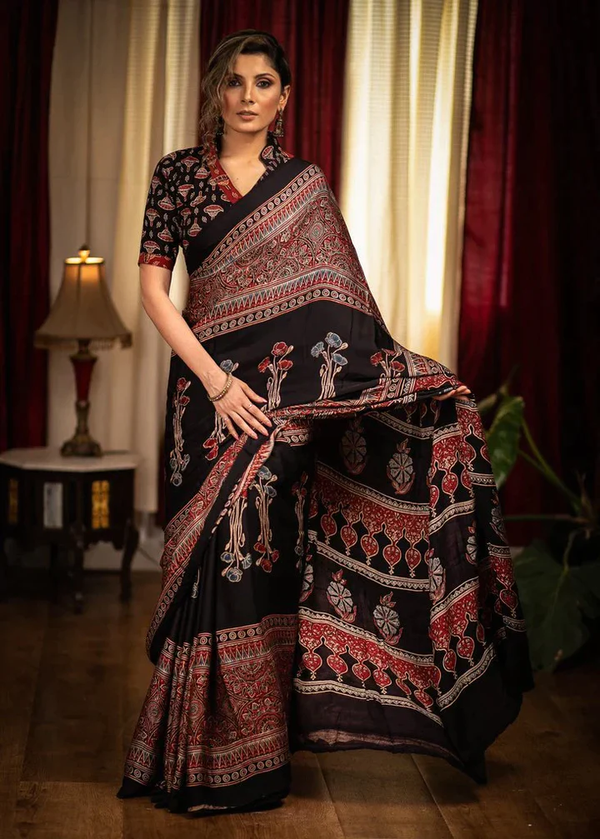 Exclusive Black And Maroon Colour Ajrakh Digital Printed Cotton Linen Sarees