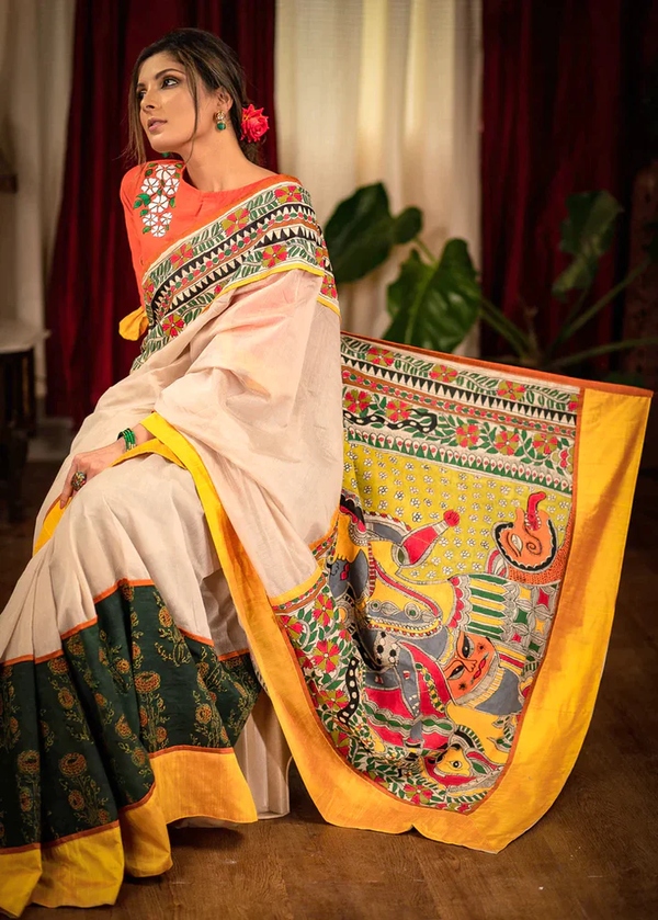 Exclusive Kalamkari Yellow Color Digital Printed Cotton Linen Saree