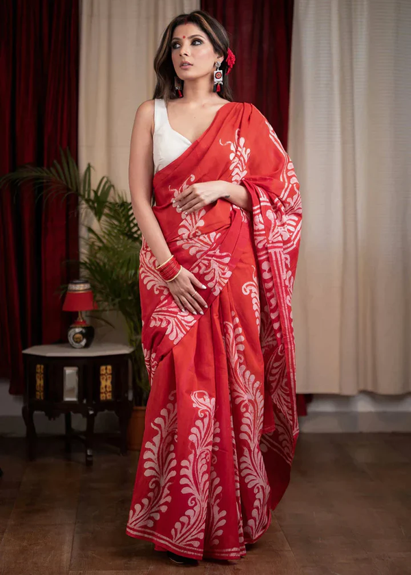 Lovely Elegance Exclusive Red Digital Printed Cotton Linen Sarees