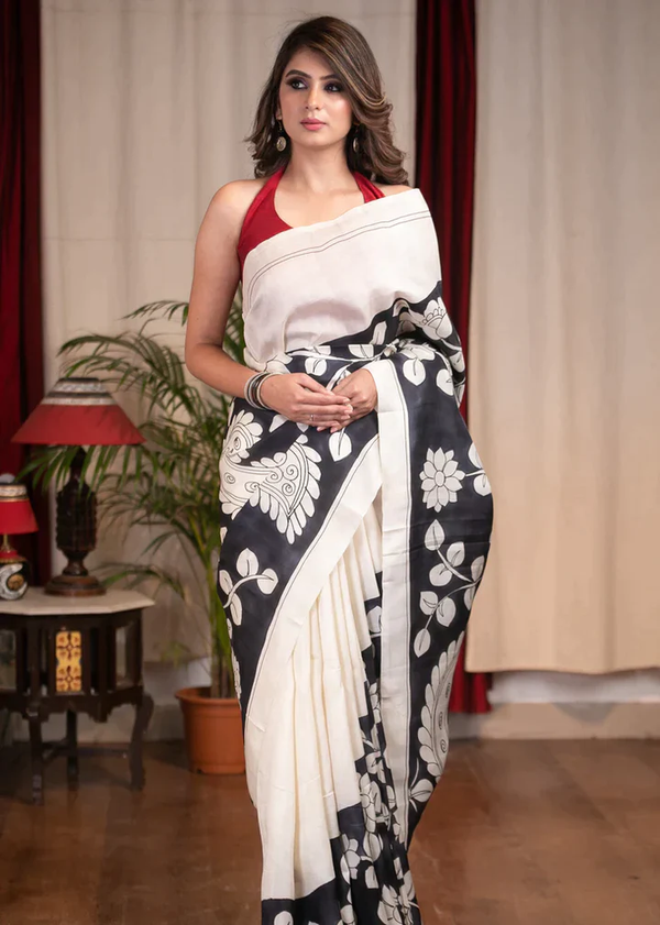 Exclusive Black And White New Kalamkari Design Printed Saree