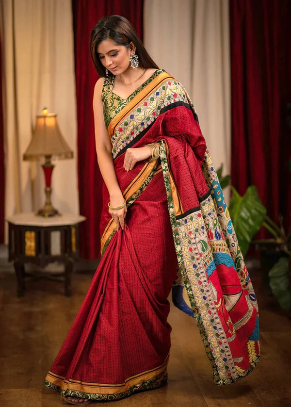 Exclusive Maroon Kalamkari Digital Printed Cotton Linen Saree