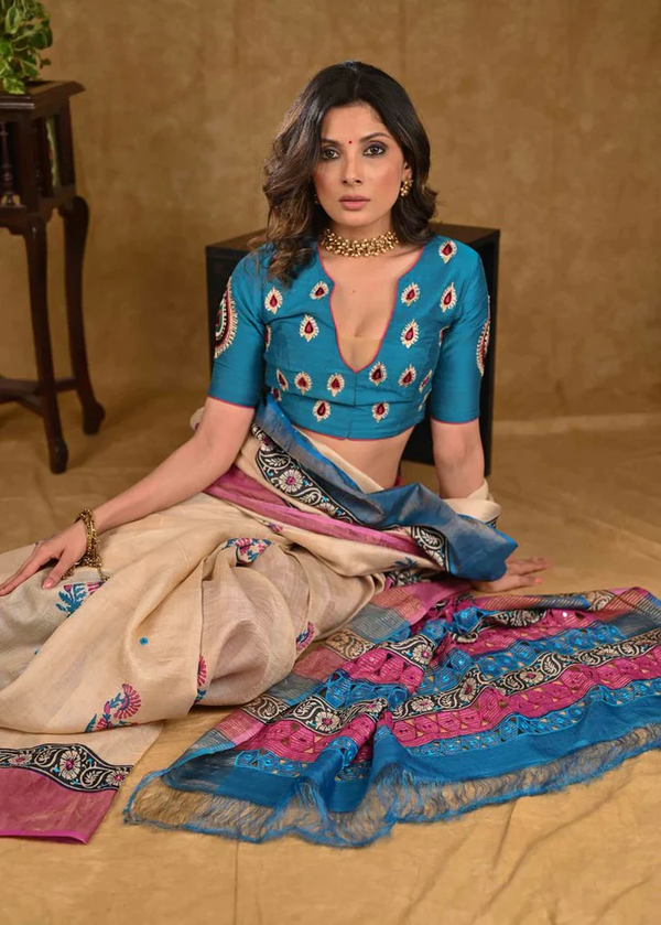 Pink And Blue Combination Awesome Kalamkari Printed Cotton Mulmul Saree