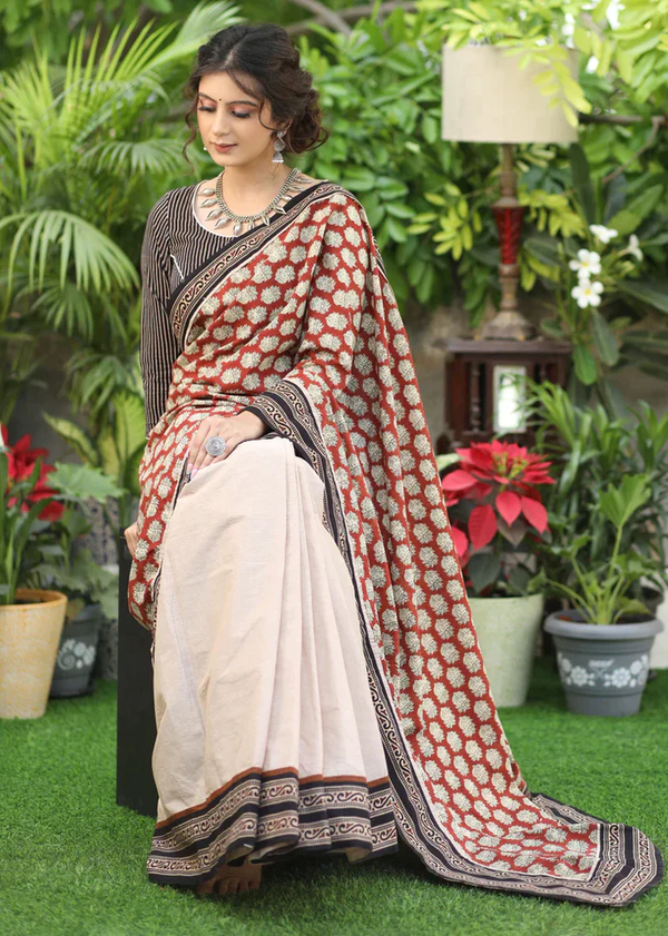 Cream Color Printed Pallu With Ajrakh Border Digital Printed Linen Saree