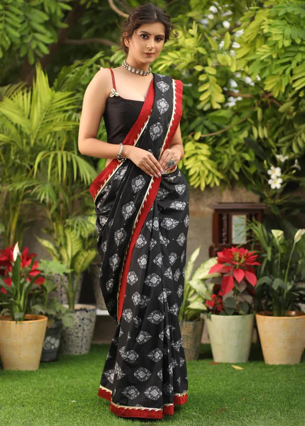 Elegant Rad And Black Digital Printed Cotton Linen Saree