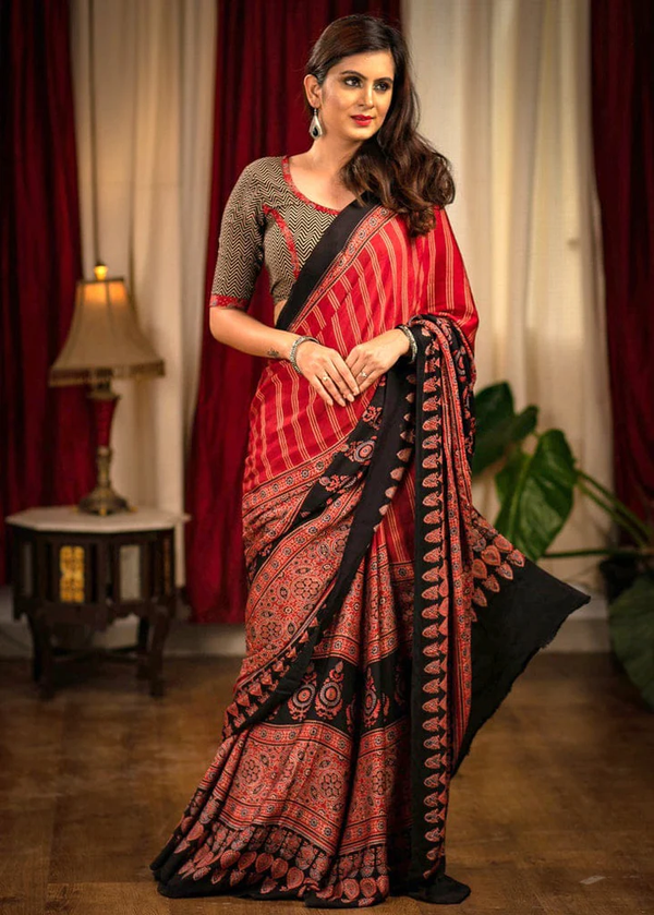 Stylish Red And Black Combinations Color Digital Printed Linen Saree